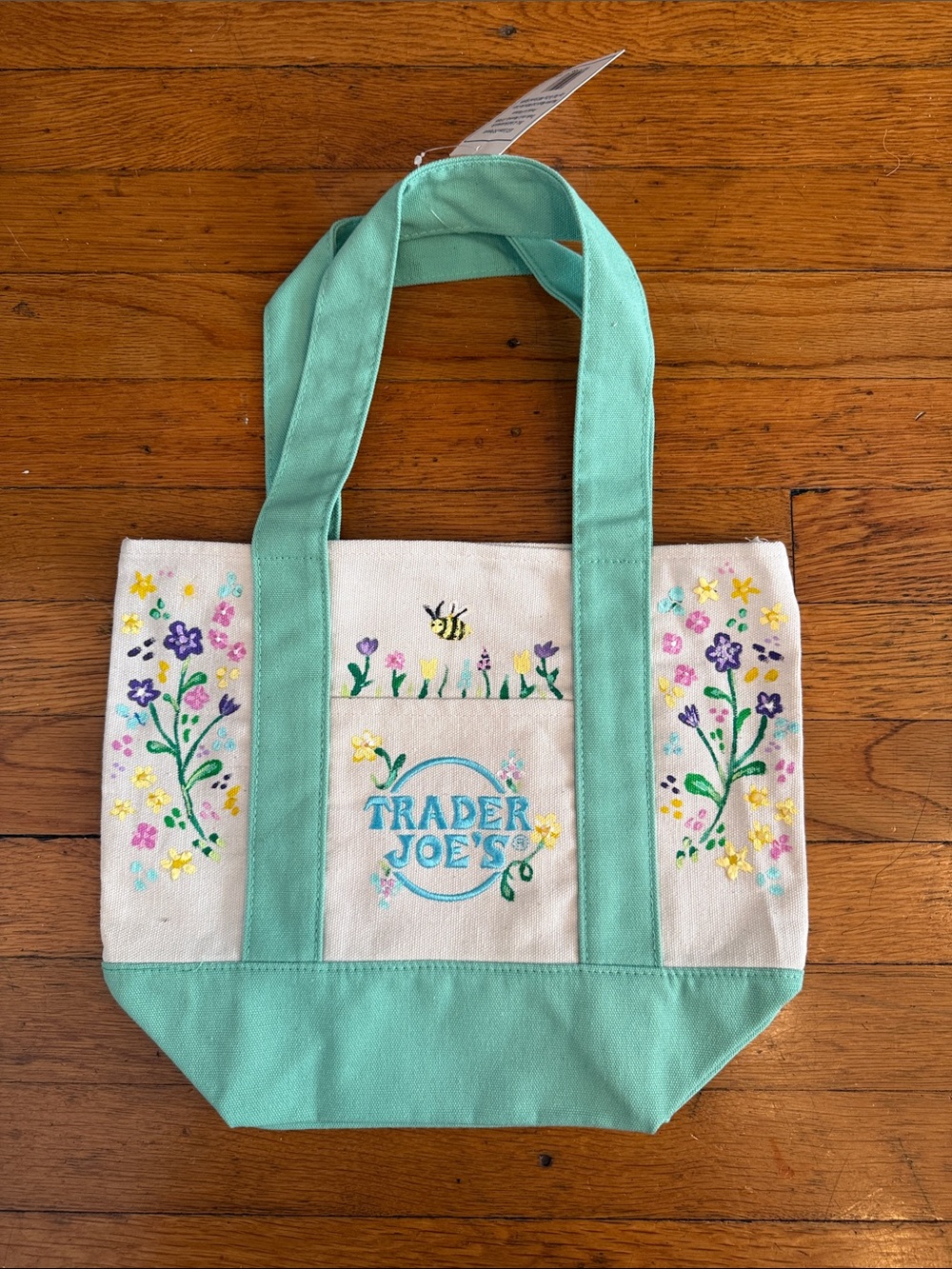 NWT Trader Joe's Mint and Cream Hand Painted Canvas Mini Tote
